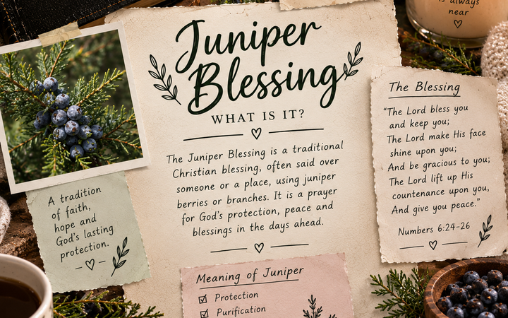 Juniper Blessing with Bible, juniper branches, berries, candle, flowers, and Christian prayer notes