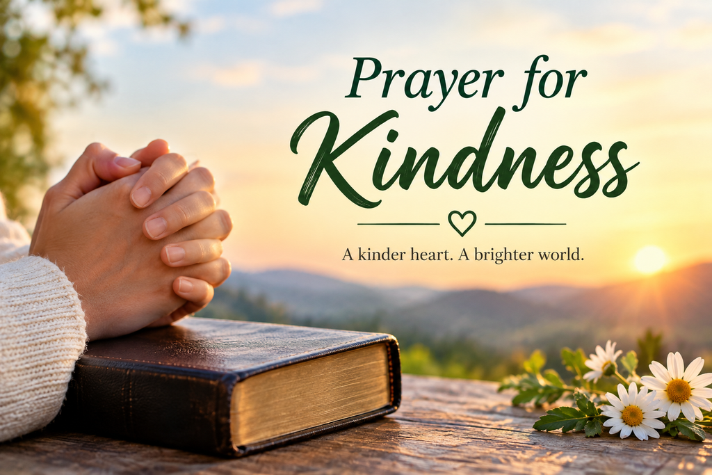 Prayer for kindness with praying hands, Bible, and peaceful sunset