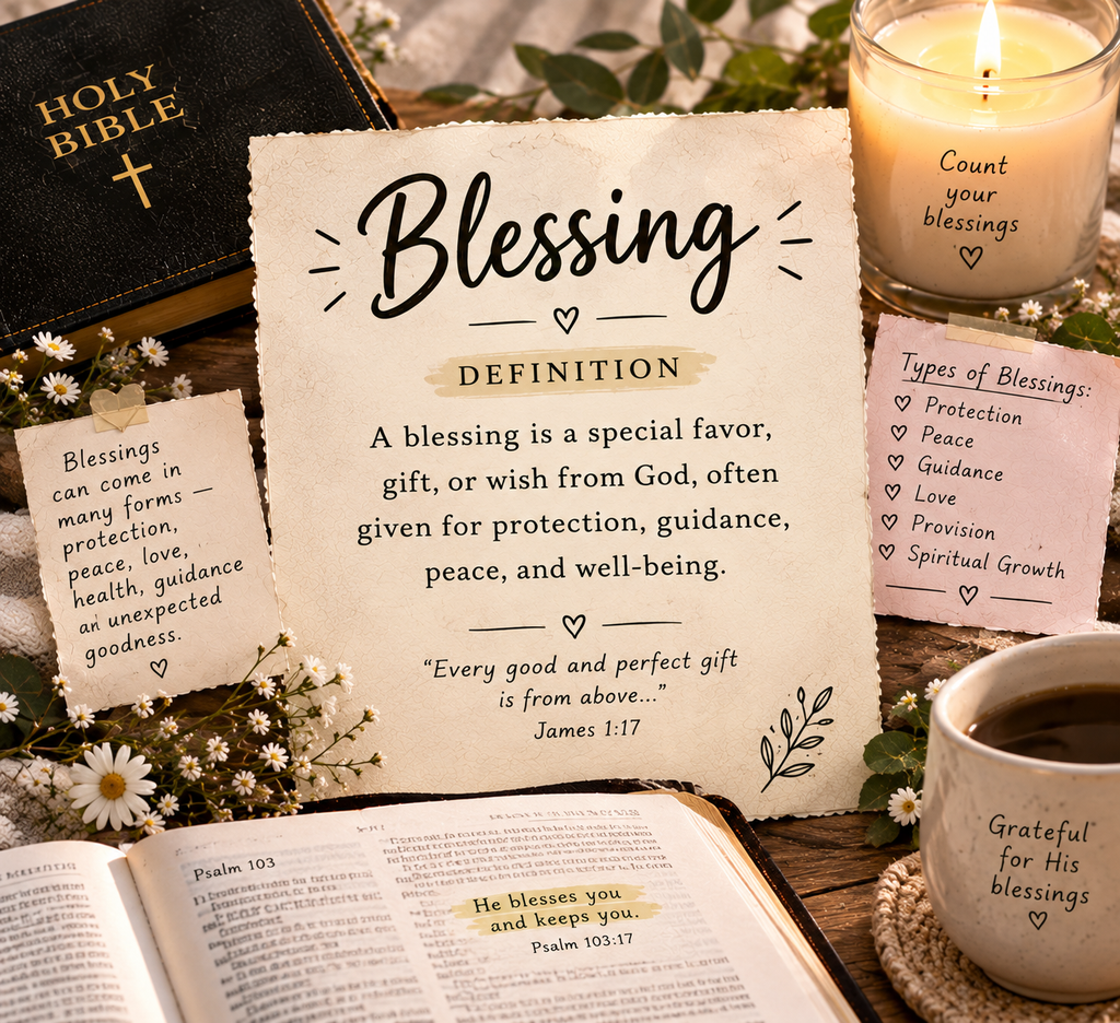 blessing definition with Bible, candle, flowers, prayer notes, and Christian devotional setting