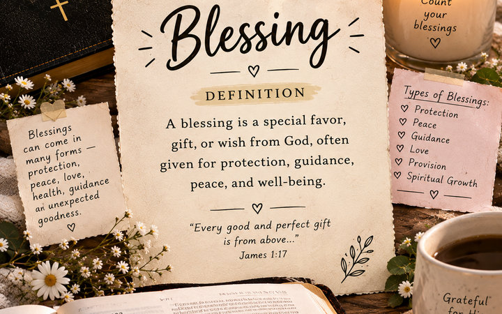 blessing definition with Bible, candle, flowers, prayer notes, and Christian devotional setting