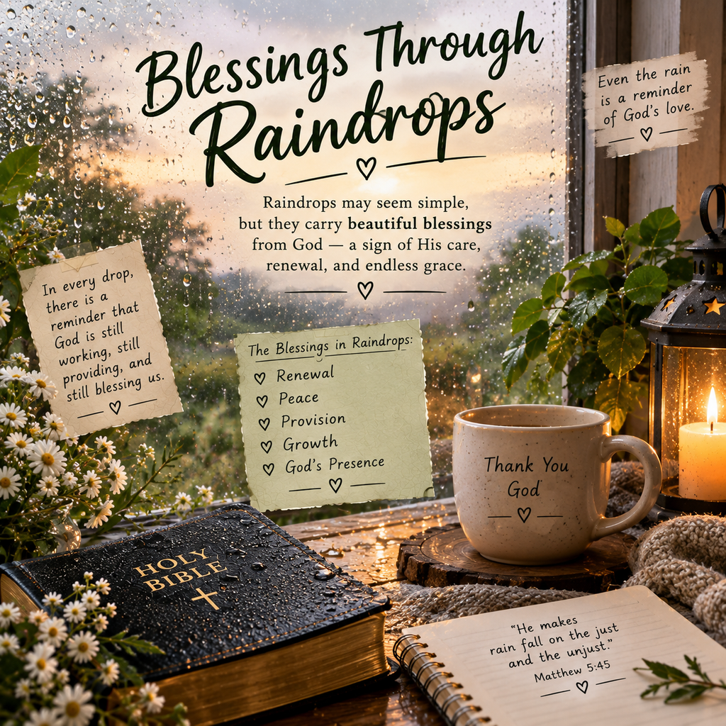 Blessings Through Raindrops with Bible, rain-covered window, candle, flowers, prayer journal, and peaceful Christian setting