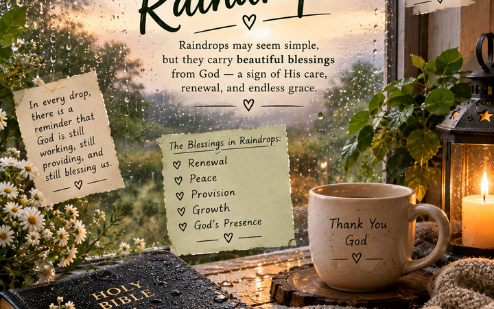 Blessings Through Raindrops with Bible, rain-covered window, candle, flowers, prayer journal, and peaceful Christian setting