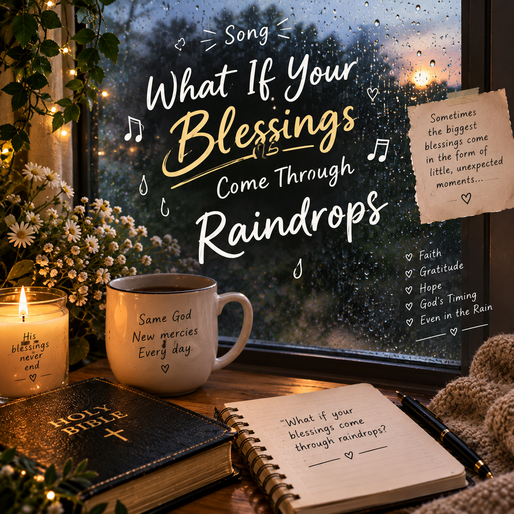 Song If Your Blessings Come Through Raindrops with rainy window, Bible, flowers, candle, and Christian devotional setting