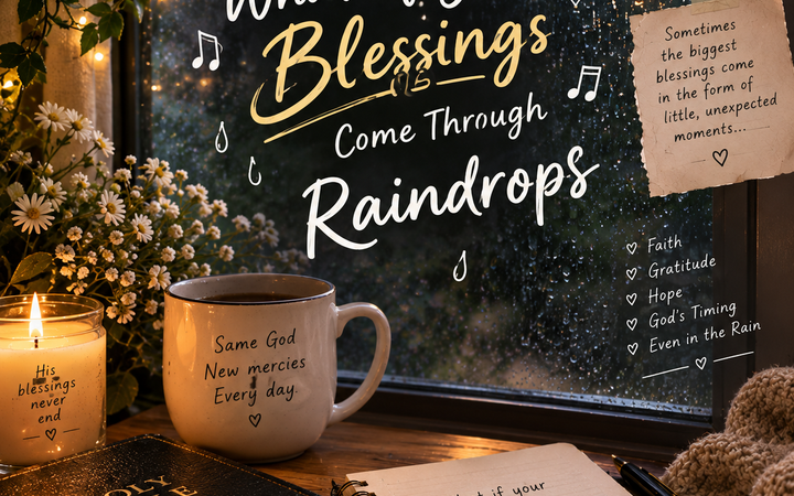 Song If Your Blessings Come Through Raindrops with rainy window, Bible, flowers, candle, and Christian devotional setting