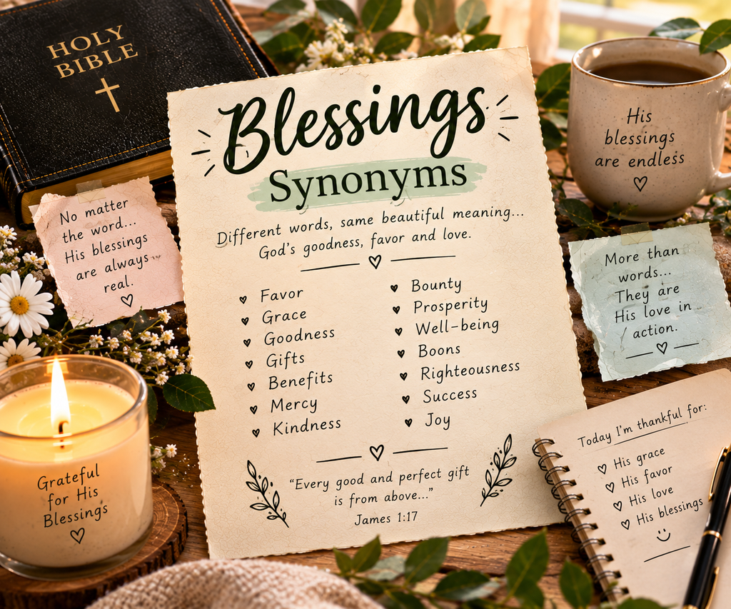 Blessings Synonym with Bible, candle, flowers, prayer journal, and Christian devotional setting