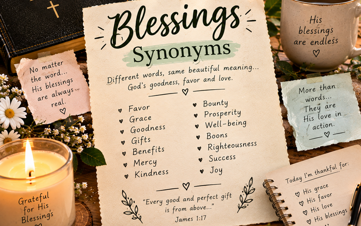 Blessings Synonym with Bible, candle, flowers, prayer journal, and Christian devotional setting