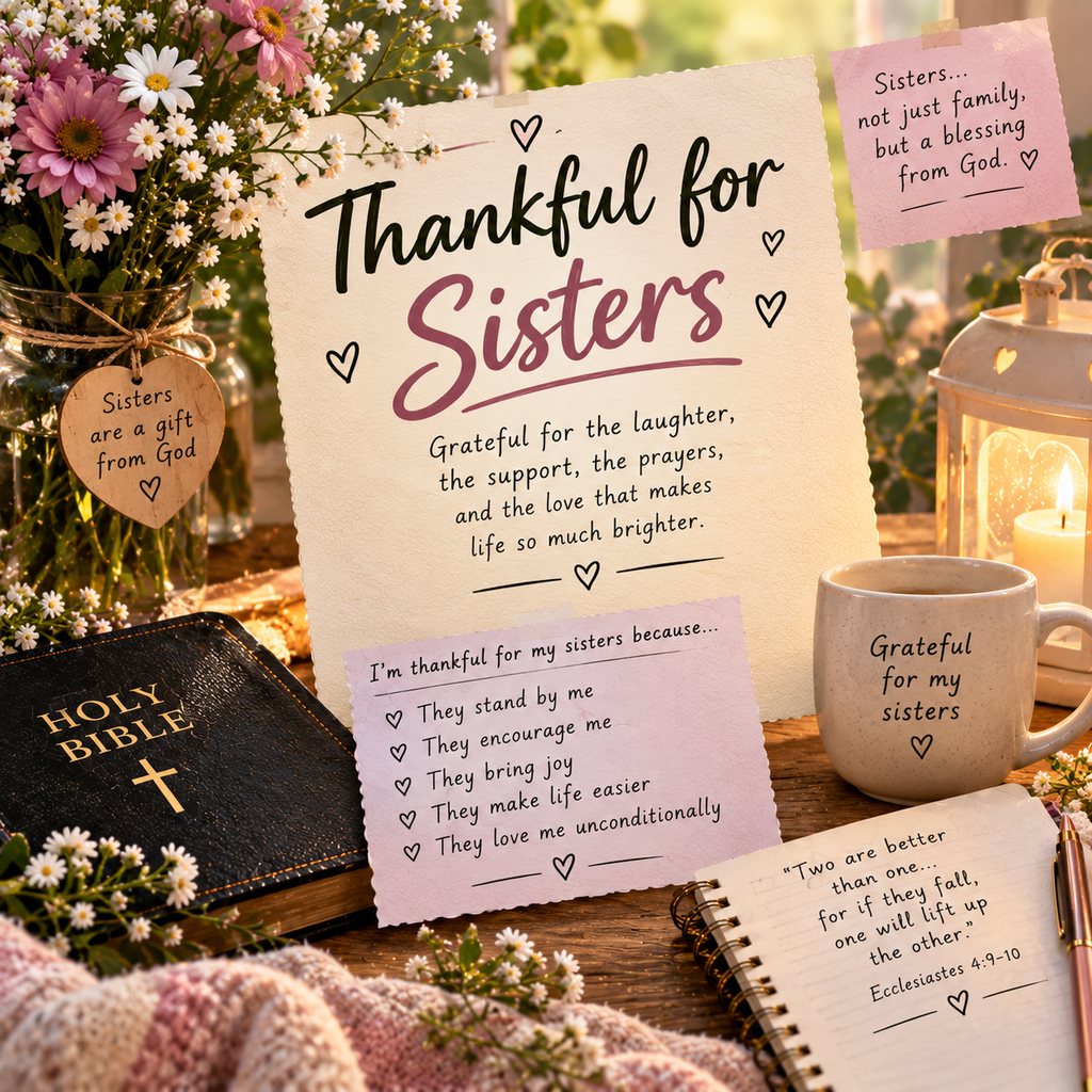 thankful for sisters with Bible, flowers, candle lantern, prayer journal, and Christian gratitude decor