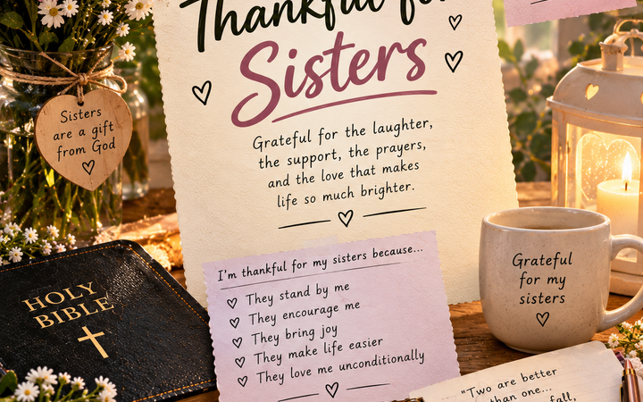 thankful for sisters with Bible, flowers, candle lantern, prayer journal, and Christian gratitude decor