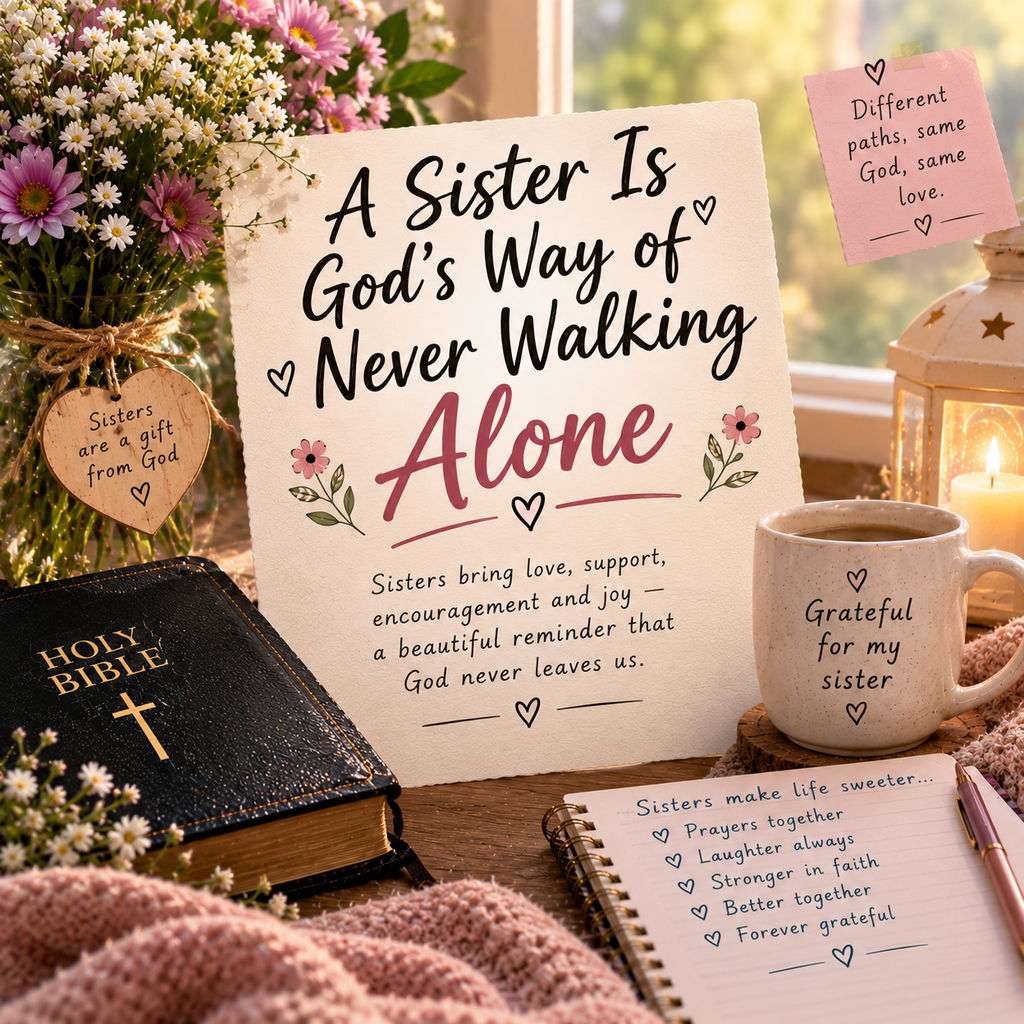 A Sister Is God’s Way of Never Walking Alone with Bible, flowers, candle lantern, and journal