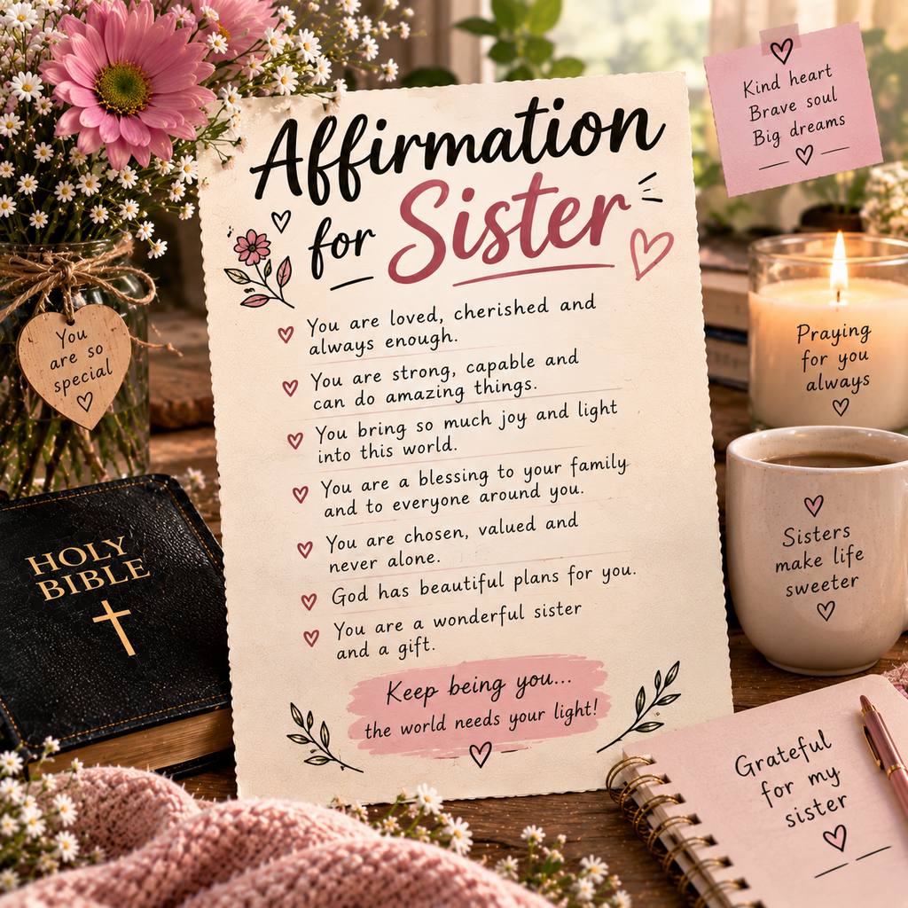 Affirmation for Sister with Bible, flowers, candle, prayer notes, journal, and cozy Christian decor