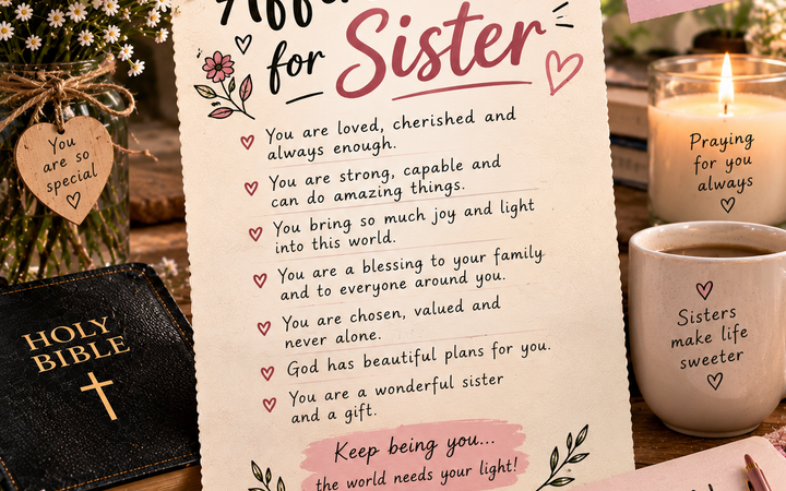 Affirmation for Sister with Bible, flowers, candle, prayer notes, journal, and cozy Christian decor