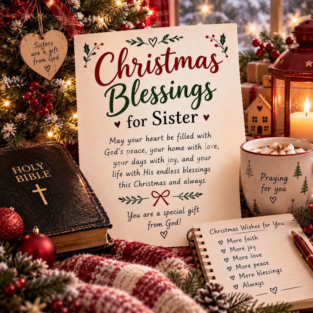 Christmas Blessings for Sister with Christmas tree, Bible, candle lantern, flowers, journal, and festive Christian decor