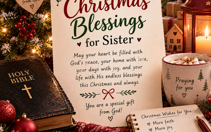 Christmas Blessings for Sister with Christmas tree, Bible, candle lantern, flowers, journal, and festive Christian decor