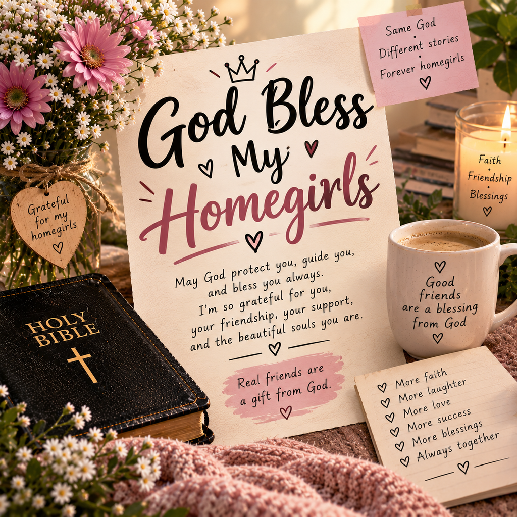 God Bless My Homegirls with Bible, flowers, candle, coffee mug, prayer notes, and friendship decor