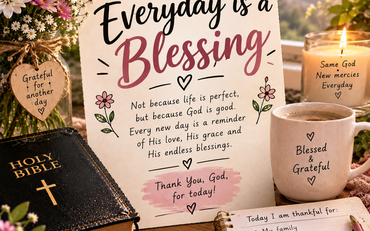 everyday is a blessing with Bible, flowers, candle, coffee mug, prayer journal, and peaceful sunrise