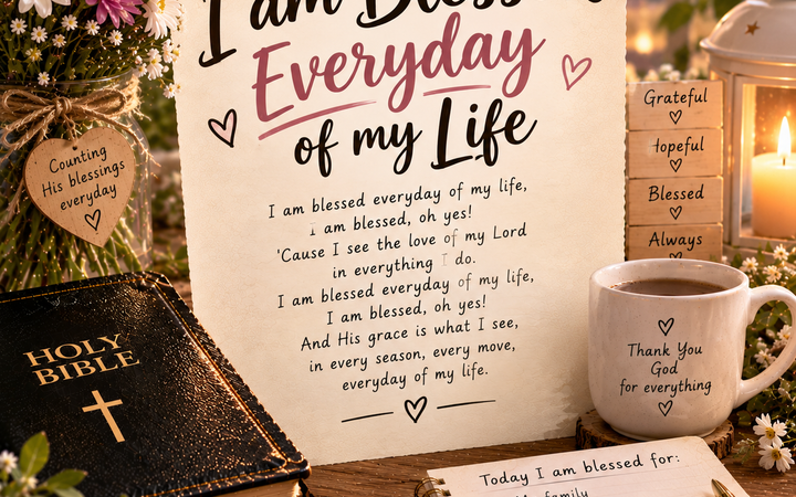 I Am Blessed Everyday of My Life lyrics with Bible, flowers, candle, journal, and peaceful Christian setting