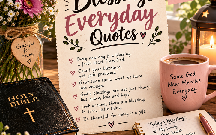 Blessings Everyday Quotes with Bible, flowers, candle, coffee mug, gratitude journal, and peaceful Christian decor