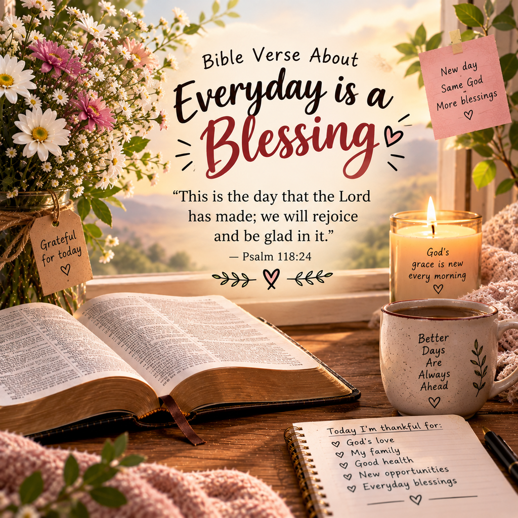 Bible Verse About Everyday Is a Blessing with open Bible, flowers, candle, coffee mug, gratitude journal, and peaceful sunrise
