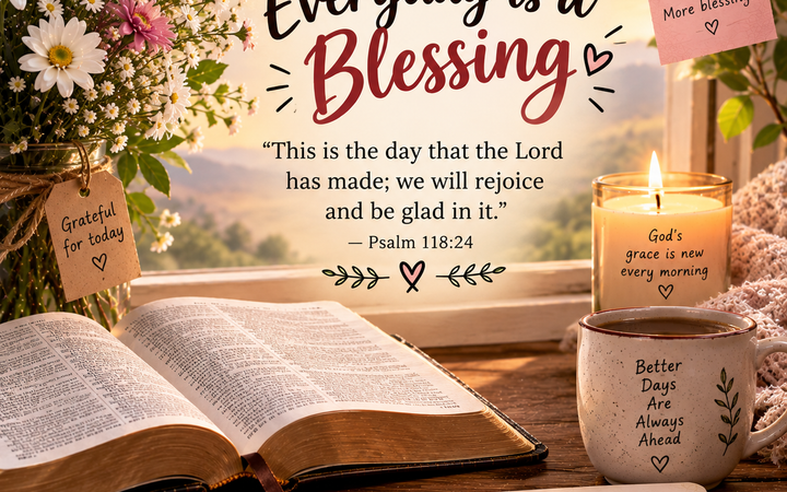 Bible Verse About Everyday Is a Blessing with open Bible, flowers, candle, coffee mug, gratitude journal, and peaceful sunrise
