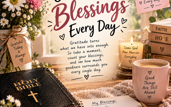 Count Your Blessings Every Day with Bible, flowers, candle, coffee mug, gratitude journal, and faith-inspired decor