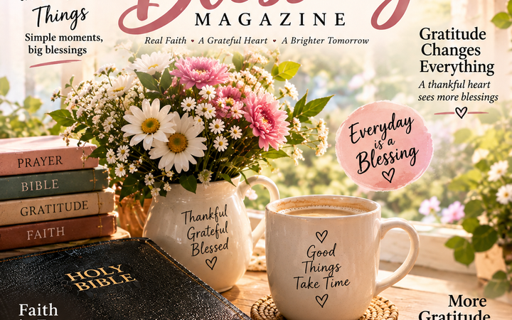 Everyday Blessings Magazine with Bible, flowers, coffee, gratitude journal, and inspirational faith decor