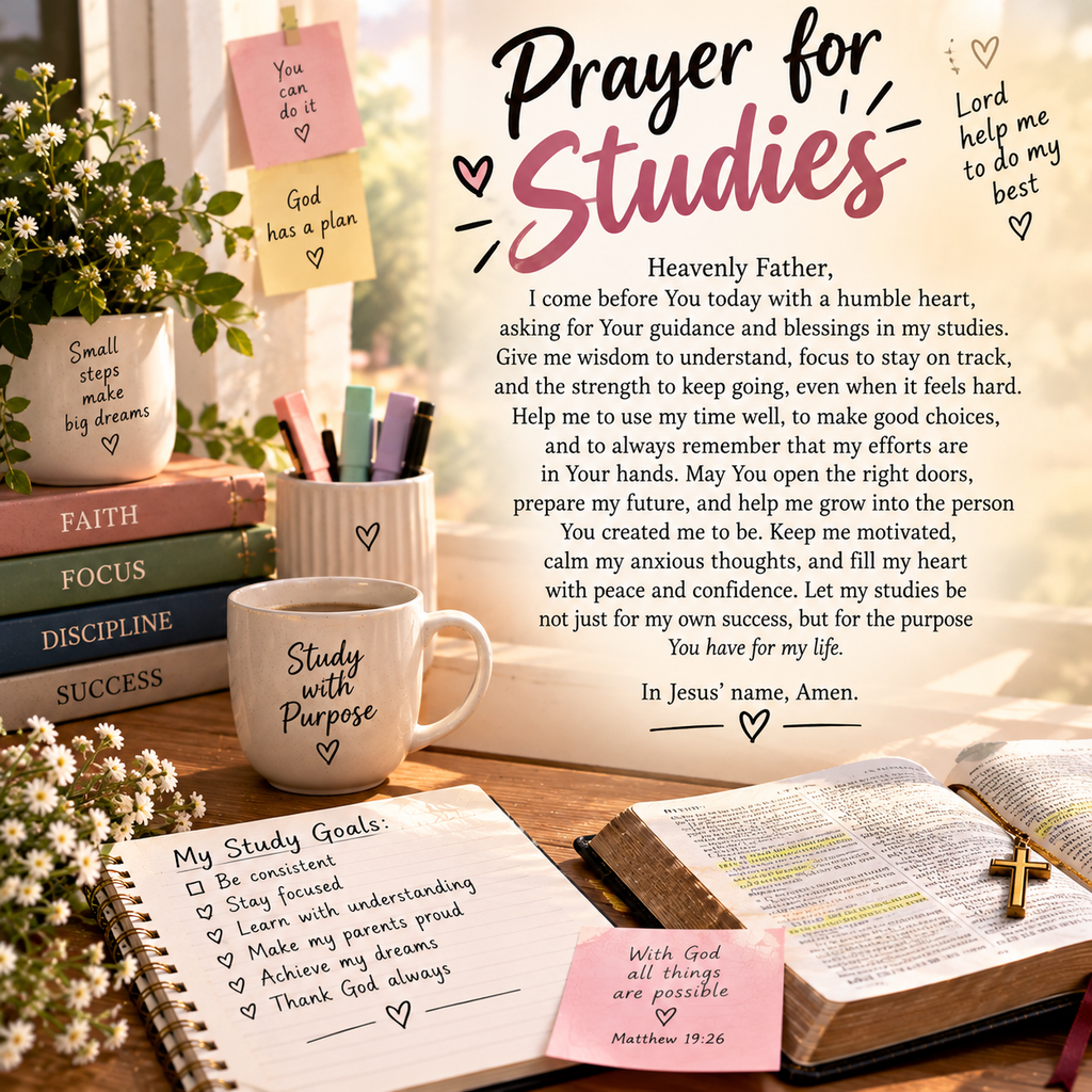 Prayer for Studies with Bible, study books, notebook, coffee mug, flowers, and peaceful study desk