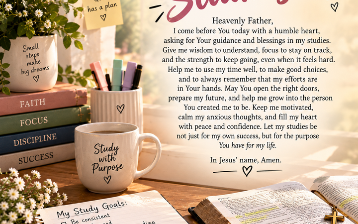 Prayer for Studies with Bible, study books, notebook, coffee mug, flowers, and peaceful study desk