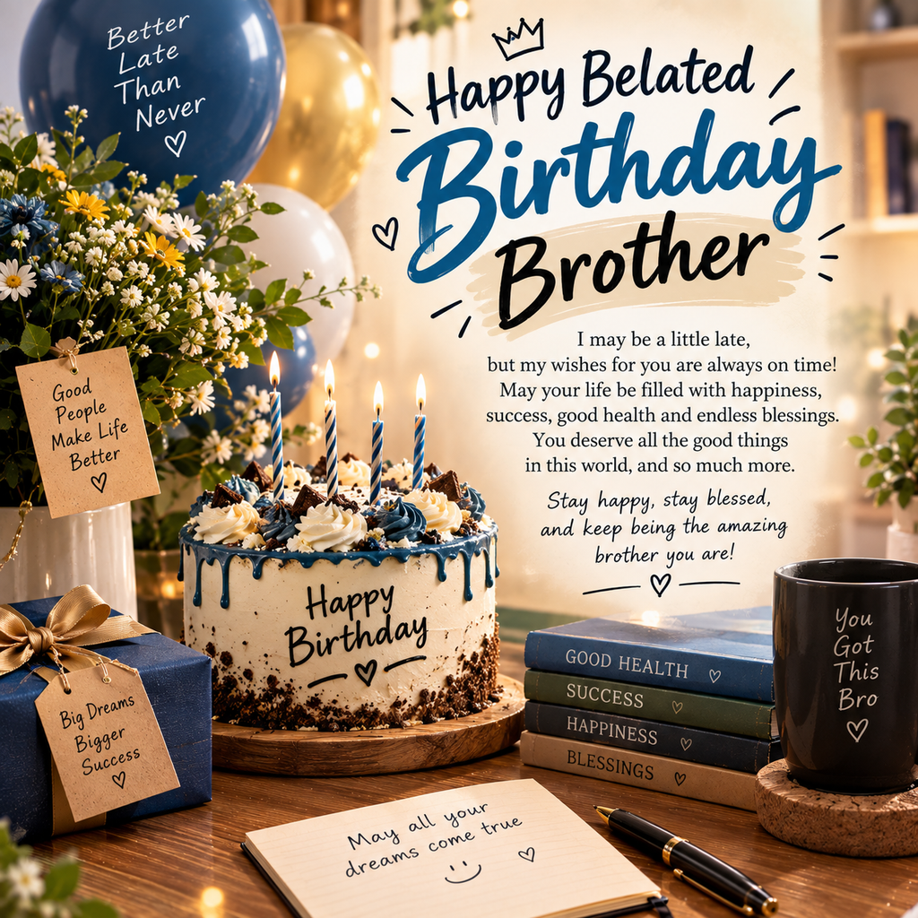Happy Belated Birthday Brother with birthday cake, blue balloons, flowers, candles, gift box, and birthday decorations