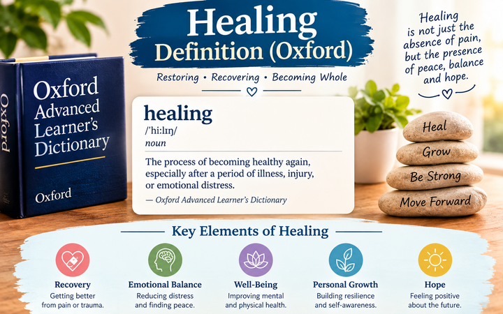 Healing definition Oxford showing recovery, emotional balance, and well-being