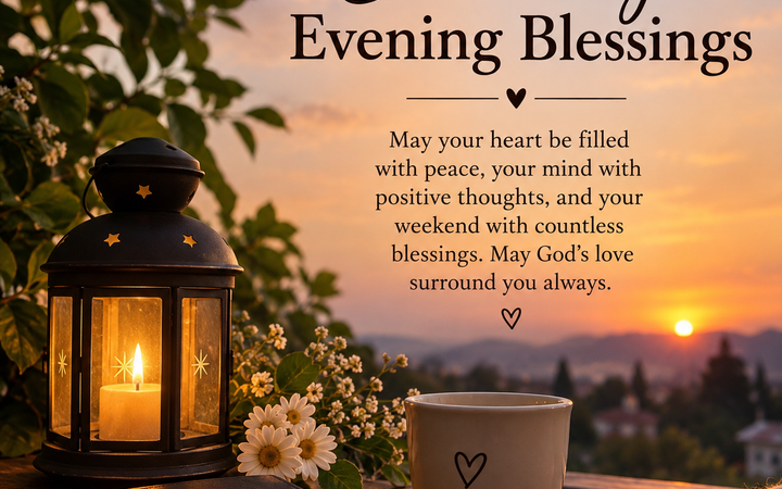 Saturday evening blessings with a warm sunset, candle lantern, flowers, coffee cup, and inspirational prayer