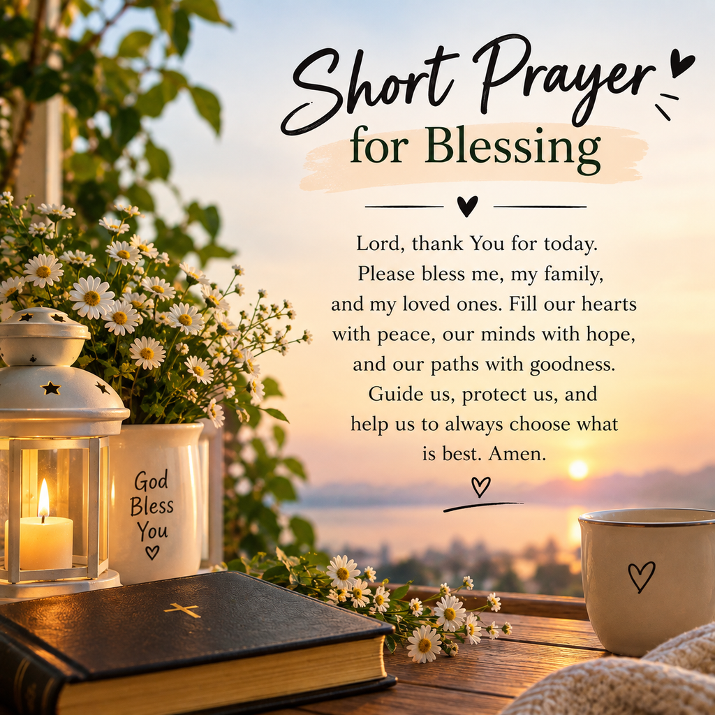 Short prayer for blessing with a Bible, candle lantern, flowers, and peaceful sunrise