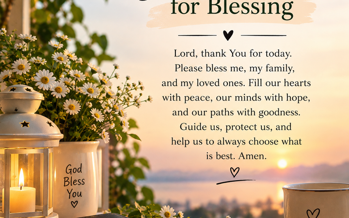 Short prayer for blessing with a Bible, candle lantern, flowers, and peaceful sunrise