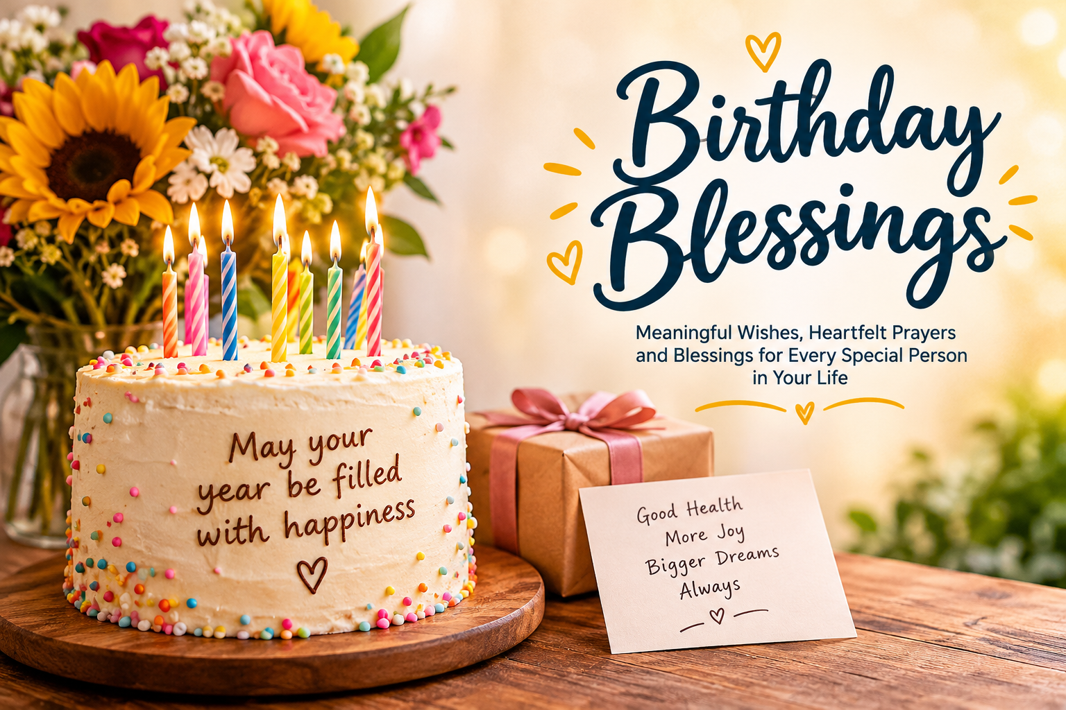 Birthday Blessings with cake, candles, flowers, and heartfelt wishes