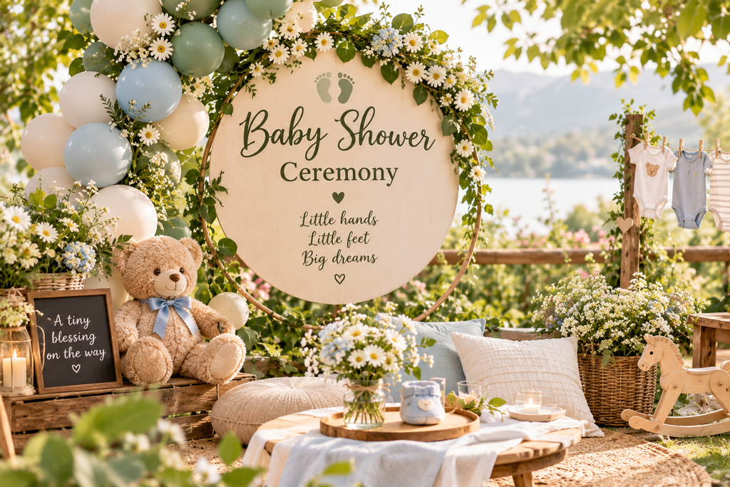 Baby shower ceremony with elegant decorations and nature-inspired theme