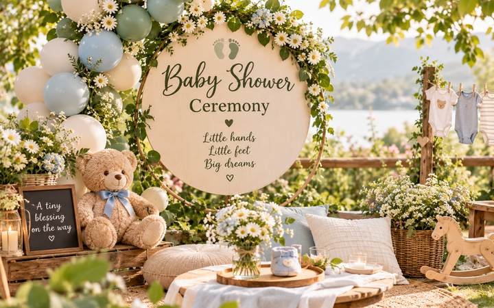Baby shower ceremony with elegant decorations and nature-inspired theme